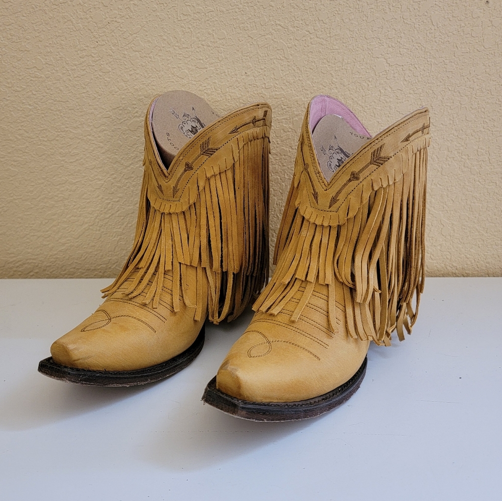 Junk Gypsy by Lane Spitfire Mustard Fringe Leather Western Ankle Boots size 7 - Picture 6 of 11